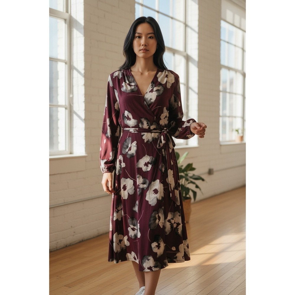 London Style Long Sleeve V-Neck‎ Purple Floral Belted Midi Dress 8